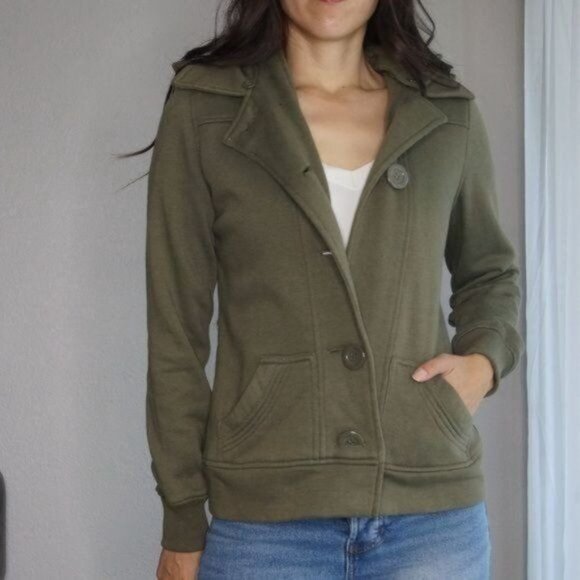 Olive Green Hooded Fleece Jacket Light Weight Coat Size S - Picture 2 of 10